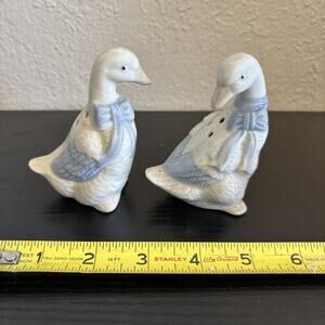 Vintage Salt and Pepper Shakers Pair White Goose Geese With Blue Bows Ceramic